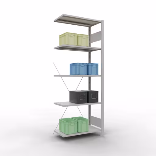 Extra afbeelding van het artikel Aanbouwplank, legbord, insteeksysteem MULTIplus150, 2000 x 750 x 400 mm (HxBxD), 5 legborden, kruisschoor, RAL 7035 lichtgrijs Extra afbeelding van het artikel Aanbouwplank, legplank, insteeksysteem MULTIplus150, 2000 x 750 x 400 mm, 5 legborden, RAL 7035 lichtgrijs vanaf opzetplank