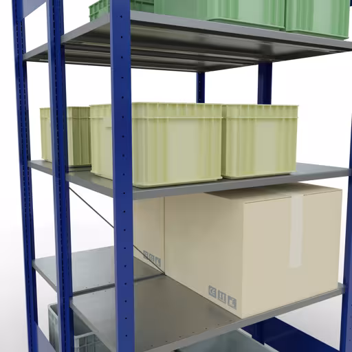 Basisplank, dubbele plank, legbord, insteeksysteem MULTIplus150, 2000 x 1000 x (2x500) mm (HxBxD), 2x5 legborden, kruisschoor, RAL 5010 gentiaanblauw met artikelnr. 32750-B Basisplank, dubbele plank, rekkensysteem MULTIplus150, 2000 x 1000 x (2x500) mm, 2x5 planken, kruisschoor, RAL 5010 gentiaanblauw van Schulte Lagertechnik uit de categorie rekken