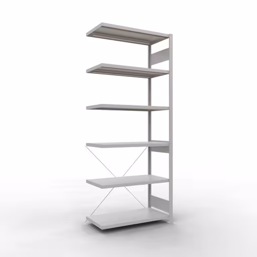 Aanbouwrekken, legborden, insteeksysteem MULTIplus330, 2500 x 1000 x 500 mm (HxBxD), 6 legborden, kruisschoor, RAL 7035 lichtgrijs, aanbouwplank, art.nr. 33856
