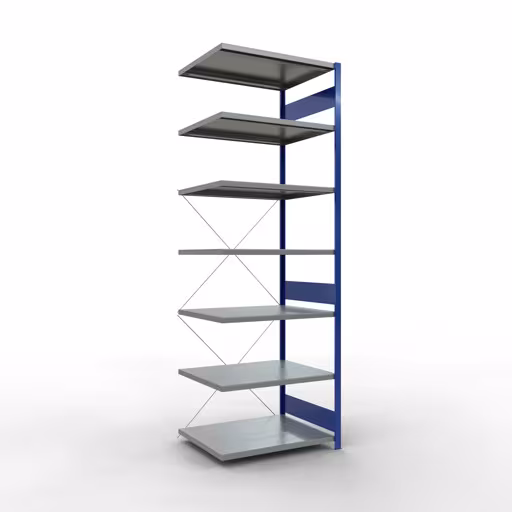 Aanbouwrekken, rekken, insteeksysteem MULTIplus250, 3000 x 1000 x 800 mm (HxBxD), 7 planken, kruisschoor, RAL 5010 gentiaanblauw/gegalvaniseerd van Schulte Lagertechnik Aanbouwrekken, rekken, insteeksysteem MULTIplus250, 3000 x 1000 x 800 mm (HxBxD), 7 legborden, kruisschoor, RAL 5010 gentiaanblauw/verzinkt, aanbouwplank, art.nr. 12987-B