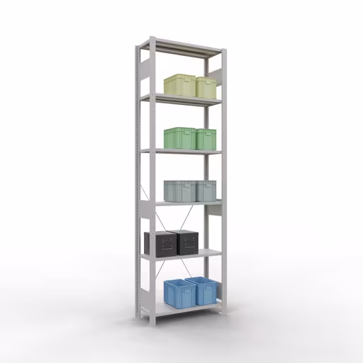 Basisplank, legbord, insteeksysteem MULTIplus150, 2500 x 750 x 300 mm, 6 legborden, kruisschoor, RAL 7035 lichtgrijs met artikelnr. 32631-75 Basisplank, legbord, insteeksysteem MULTIplus150, 2500 x 750 x 300 mm, 6 planken, kruisschoor, RAL 7035 lichtgrijs van Schulte Lagertechnik uit de categorie insteeksysteem