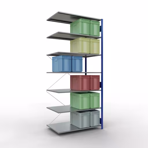 Aanbouwrekken, rekken, insteeksysteem MULTIplus150, 3000 x 1300 x 800 mm (HxBxD), 7 legborden, kruisschoor, RAL 5010 gentiaanblauw/verzinkt met de GTIN 4004514281630 Aanbouwrekken, legbordstellingen, insteeksysteem MULTIplus150, 3000 x 1300 x 800 mm, 7 legborden, kruisschoor, RAL 5010 gentiaanblauw/verzinkt van Schulte Lagertechnik met artikelnr. 12787-130-B