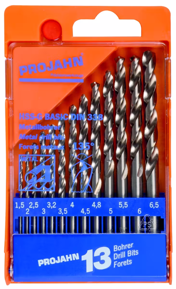 Kunststofcassette HSS-G BASIC 13 stuks 1,5-6,5/0,5 + 3,2 +4,8, boor, art.nr. 67018