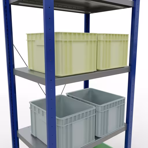 Productafbeelding nr. 12 van het artikel basisplank, legbord, insteeksysteem MULTIplus250, 2000 x 750 x 500 mm (HxBxD), 5 legborden, kruisschoor, RAL 5010 gentiaanblauw/verzinkt/verzinkt Figuur nr. 12 van het artikel basisrek, legbord, insteeksysteem MULTIplus250, 2000 x 750 x 500 mm, 5 legborden, kruisschoor, RAL 5010 gentiaanblauw/verzinkt/verzinkt uit de insteeksysteem productgroep van Schulte Lagertechnik.