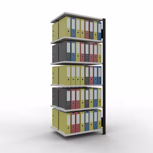 Aanbouwrek, kantoorrek, insteeksysteem MULTIplus150, 2000 x 750 x 600 mm, 6 legborden, lengtestangen, met middenaanslag, zwart/lichtgrijs uit de categorie insteeksysteem met GTIN 4004514249982 , kantoorrekken, insteeksysteem MULTIplus150, 2000 x 750 x 600 mm, 6 planken, met middenaanslag, zwart/lichtgrijs van Schulte Lagertechnik uit het assortiment kantoorrekken