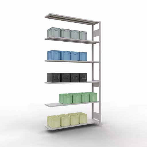 Aanbouwrek, stelling, insteeksysteem MULTIplus150, 2500 x 1300 x 300 mm, 6 legborden, lengtestangen, RAL 7035 lichtgrijs van Schulte Lagertechnik uit het assortiment insteeksysteem