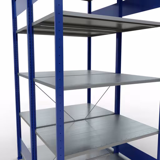 Basisplank, dubbele plank, rekkensysteem MULTIplus150, 2000 x 1000 x (2x600) mm (HxBxD), 2x5 planken, kruisschoor, RAL 5010 gentiaanblauw uit de categorie dubbele rekken met de GTIN 4004514293824 Basisplank, dubbele plank, stellingsysteem MULTIplus150, 2000 x 1000 x (2x600) mm, 2x5 planken, kruisschoor, RAL 5010 gentiaanblauw van Schulte Lagertechnik uit het rekkenprogramma