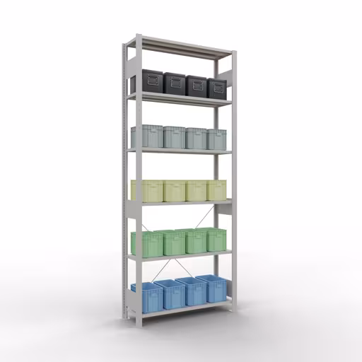 Productafbeelding nr. 13 van het artikel basisplank, plankplank, insteeksysteem MULTIplus150, 2500 x 1000 x 300 mm (HxBxD), 6 planken, kruisschoor, RAL 7035 lichtgrijs Figuur nr. 13 van het artikel basisplank, legbord, insteeksysteem MULTIplus150, 2500 x 1000 x 300 mm, 6 legborden, kruisschoor, RAL 7035 lichtgrijs uit de insteeksysteem productgroep van Schulte Lagertechnik