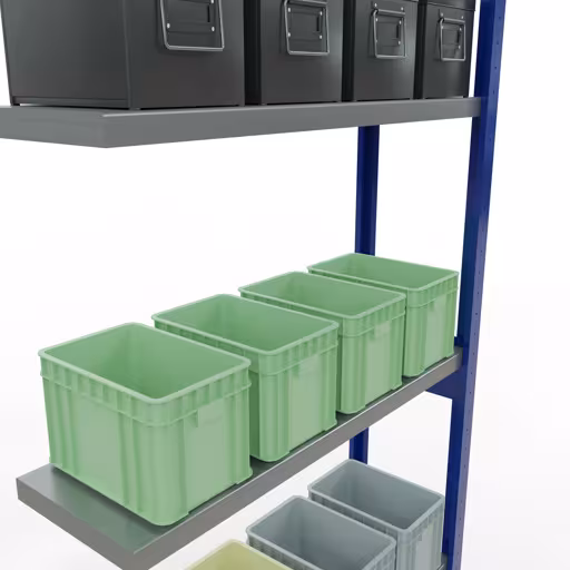 Productafbeelding nr. 15 van het artikel Aanbouwrekken, legbordstellingen, insteeksysteem MULTIplus250, 3000 x 1000 x 300 mm (HxBxD), 7 legborden, lengtestangen, RAL 5010 gentiaanblauw/verzinkt Afbeelding nr. 15 van het artikel aanbouwrekken, legbordstellingen, insteeksysteem MULTIplus250, 3000 x 1000 x 300 mm, 7 legborden, lengtestangen, RAL 5010 gentiaanblauw/verzinkt uit de productgroep insteeksysteem van Schulte Lagertechnik.