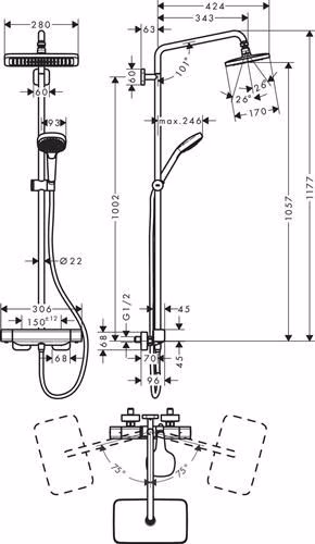 Technische Zeichnung 4070095 Hansgrohe Showerpipe Croma E 280 1jet chroom met douchethermostaat