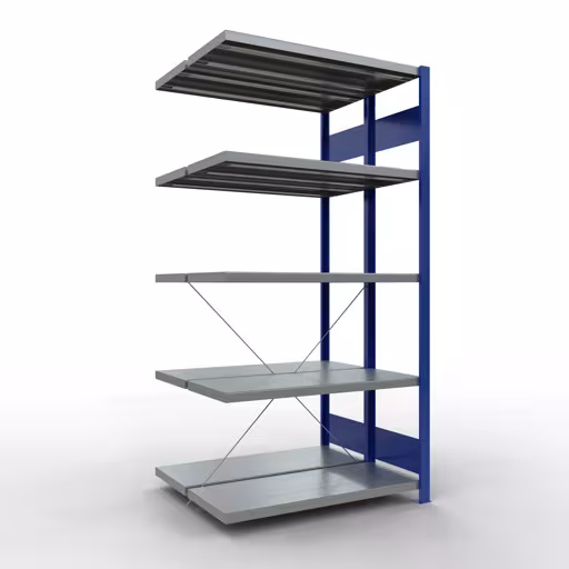 Aanbouwrekken, dubbele rekken, rekkensysteem MULTIplus250, 2000 x 1000 x (2x400) mm, 2x5 planken, kruisschoor, RAL 5010 gentiaanblauw van Schulte Lagertechnik uit het rekkenprogramma