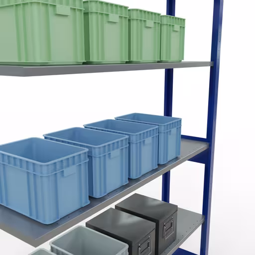 Extra afbeelding van het artikel Aanbouwplank, legbord, insteeksysteem MULTIplus150, 2500 x 1300 x 300 mm, 6 legborden, RAL 5010 gentiaanblauw/verzinkt vanaf aanbouwplank