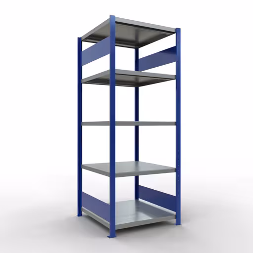 Basisplank, legplank, insteeksysteem MULTIplus250, 2000 x 750 x 800 mm (HxBxD), 5 legborden, lengtestangen, RAL 5010 gentiaanblauw/verzinkt/verzinkt, basisplank, art.nr. 12980-75-LR-B