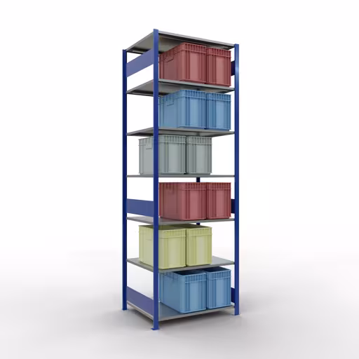 Basisplank, legplank, insteeksysteem MULTIplus150, 3000 x 1000 x 800 mm (HxBxD), 7 legborden, lengtestangen, RAL 5010 gentiaanblauw/verzinkt uit de categorie basisplanken met de GTIN 4004514281463 Basisplank, legbord, insteeksysteem MULTIplus150, 3000 x 1000 x 800 mm, 7 legborden, RAL 5010 gentiaanblauw/gegalvaniseerd van het merk Schulte Lagertechnik uit het assortiment insteeksysteem