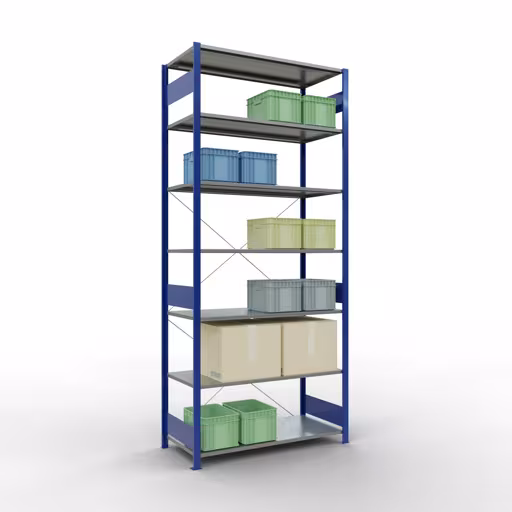 Extra afbeelding van het artikel Basisplank, legbord, insteeksysteem MULTIplus150, 3000 x 1300 x 600 mm (HxBxD), 7 legborden, kruisschoor, RAL 5010 gentiaanblauw/verzinkt Extra afbeelding van het artikel Basisplank, legplank, insteeksysteem MULTIplus150, 3000 x 1300 x 600 mm, 7 legborden, RAL 5010 gentiaanblauw/verzinkt vanaf basisplank