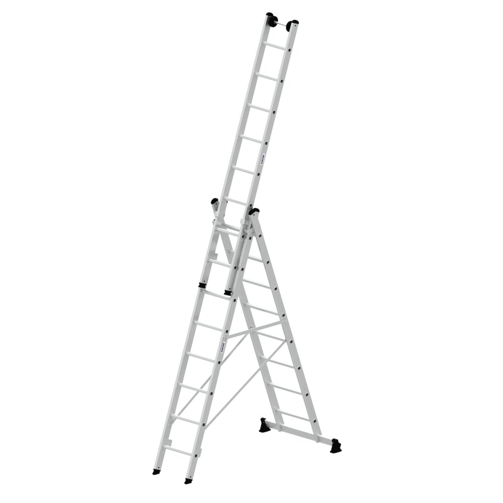 Munk 3-delige multifunctionele ladder met nivello® dwarsbalk en muurrollen, 3x8 sporten, van Günzburger Steigtechnik Munk multifunctionele ladder met 3 sporten, Nivello® dwarsbalk en wandwielen, uit de categorie multifunctionele ladders, artikelnummer 033308