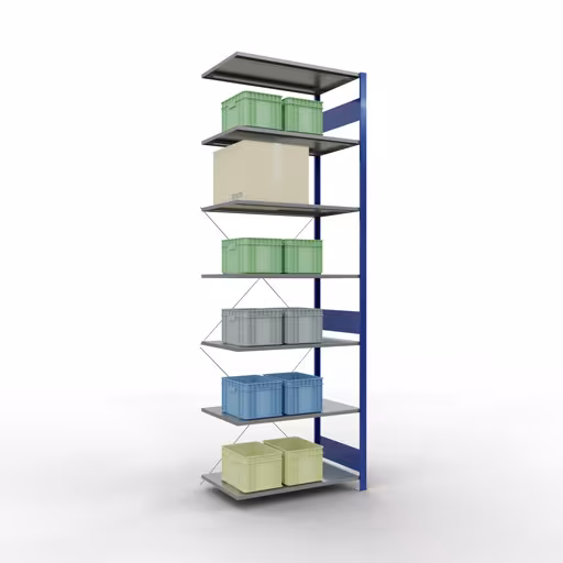 Productafbeelding nr. 16 van het artikel Aanbouwrekken, legbordstellingen, insteeksysteem MULTIplus85, 3000 x 1000 x 600 mm (HxBxD), 7 legborden, kruisschoor, RAL 5010 gentiaanblauw Afbeelding nr. 16 van het artikel aanbouwrekken, stellingrekken, insteeksysteem MULTIplus85, 3000 x 1000 x 600 mm, 7 legborden, RAL 5010 gentiaanblauw uit de productgroep insteeksysteem van het merk Schulte Lagertechnik