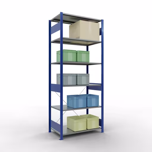 Extra afbeelding van het artikel Basisplank, legbord, insteeksysteem MULTIplus150, 2500 x 1000 x 600 mm (HxBxD), 6 legborden, kruisschoor, RAL 5010/verzinkt Extra afbeelding van het artikel basisplank, legplank, insteeksysteem MULTIplus150, 2500 x 1000 x 600 mm, 6 legborden, RAL 5010/verzinkt vanaf basisplank