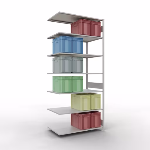Extra afbeelding van het artikel Aanbouwrekken, legbord, insteeksysteem MULTIplus150, 3000 x 1300 x 800 mm, 7 legborden, lengtestangen, RAL 7035 lichtgrijs van aanbouwrekken