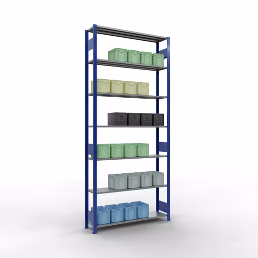 Basisplank, legplank, insteeksysteem MULTIplus150, 3000 x 1300 x 300 mm (HxBxD), 7 legborden, lengtestangen, RAL 5010 gentiaanblauw/verzinkt uit de categorie basisplanken met de GTIN 4004514279590 Basisplank, legbord, insteeksysteem MULTIplus150, 3000 x 1300 x 300 mm, 7 legborden, RAL 5010 gentiaanblauw/gegalvaniseerd van het merk Schulte Lagertechnik uit het assortiment insteeksysteem