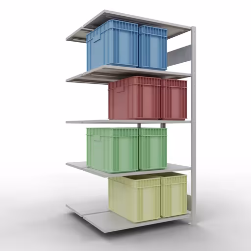 Aanbouwrekken, dubbele rekken, rekkensysteem MULTIplus150, 2000 x 1000 x (2x500) mm (HxBxD), 2x5 planken, lengtestangen, RAL 7035 lichtgrijs uit de categorie dubbele rekken met de GTIN 4004514269973 Aanbouwrekken, dubbele rekken, rekkensysteem MULTIplus150, 2000 x 1000 x (2x500) mm, 2x5 planken, RAL 7035 lichtgrijs van het merk Schulte Lagertechnik uit het rekkenprogramma