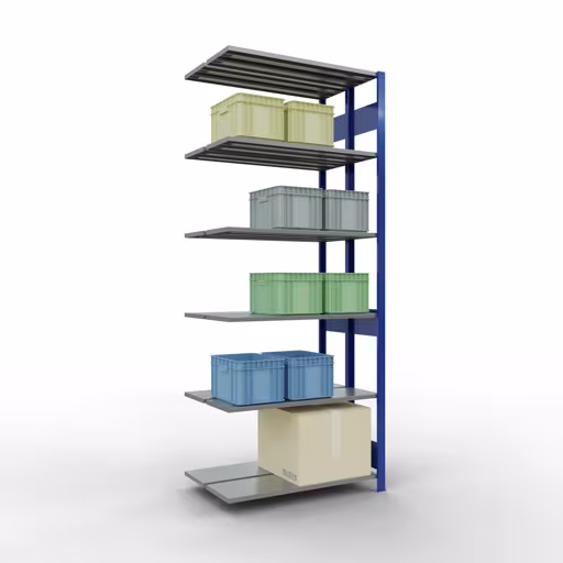 Extra afbeelding van het artikel Aanbouwplank, dubbele plank, legplank-insteeksysteem MULTIplus150, 2500 x 1000 x (2x300) mm, 2x6 legborden, lengtestangen, RAL 5010 gentiaanblauw uit dubbele legborden