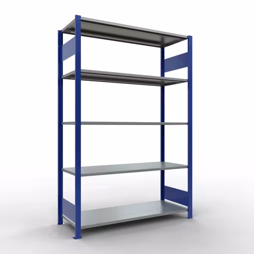 Basisplank, legplank, insteeksysteem MULTIplus150, 2000 x 1300 x 500 mm (HxBxD), 5 legborden, lengtestangen, RAL 5010 gentiaanblauw/verzinkt, basisplank, art.nr. 12750-130-LR-B
