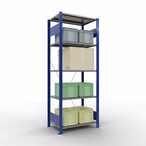 Basisplank, legplank, insteeksysteem MULTIplus150, 2000 x 750 x 500 mm (HxBxD), 5 legborden, kruisschoor, RAL 5010 gentiaanblauw/verzinkt/verzinkt uit de categorie basisplanken met de GTIN 4004514280336 Basisplank, legbord, insteeksysteem MULTIplus150, 2000 x 750 x 500 mm, 5 legborden, kruisschoor, RAL 5010 gentiaanblauw/verzinkt/verzinkt van Schulte Lagertechnik uit het plug-in systeem-assortiment