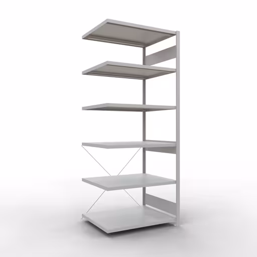 Aanbouwrekken, rekken, insteeksysteem MULTIplus330, 2500 x 1000 x 800 mm (HxBxD), 6 planken, kruisschoor, RAL 7035 lichtgrijs van Schulte Lagertechnik Aanbouwrekken, legborden, insteeksysteem MULTIplus330, 2500 x 1000 x 800 mm (HxBxD), 6 legborden, kruisschoor, RAL 7035 lichtgrijs, aanbouwplank, art.nr. 33886