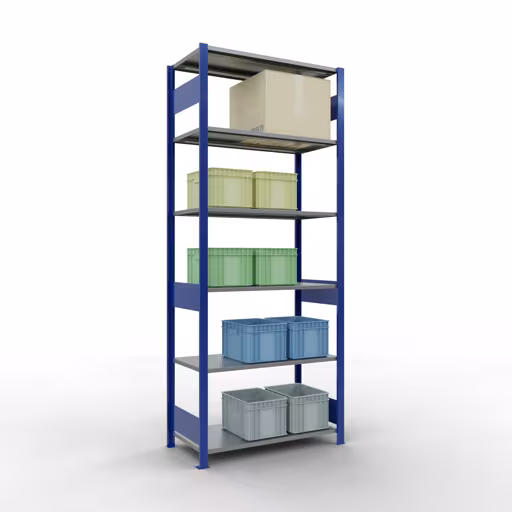 Basisplank, legbord, insteeksysteem MULTIplus150, 2500 x 1000 x 500 mm, 6 legborden, lengtestangen, RAL 5010 gentiaanblauw/gegalvaniseerd van het merk Schulte Lagertechnik uit het plug-in systeem-assortiment