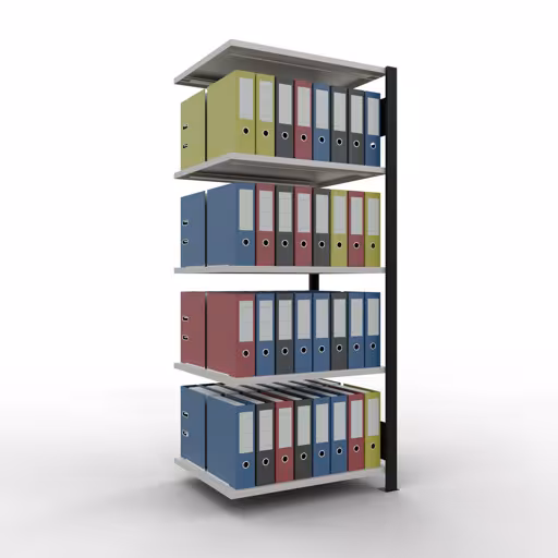 Aanbouwrek, kantoorrek, insteeksysteem MULTIplus150, 1800 x 750 x 600 mm, 5 legborden, lengtestangen, zonder middenaanslag, zwart/lichtgrijs uit de categorie insteeksysteem met GTIN 4004514249968 , kantoorrekkensysteem MULTIplus150, 1800 x 750 x 600 mm, 5 planken, zonder middenaanslag, zwart/lichtgrijs van Schulte Lagertechnik uit het assortiment kantoorrekken