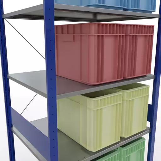 Extra afbeelding van het artikel Basisplank, legbord, insteeksysteem MULTIplus150, 3000 x 1000 x 800 mm (HxBxD), 7 legborden, kruisschoor, RAL 5010/verzinkt Extra afbeelding van het artikel basisplank, legplank, insteeksysteem MULTIplus150, 3000 x 1000 x 800 mm, 7 legborden, RAL 5010/verzinkt vanaf basisplank