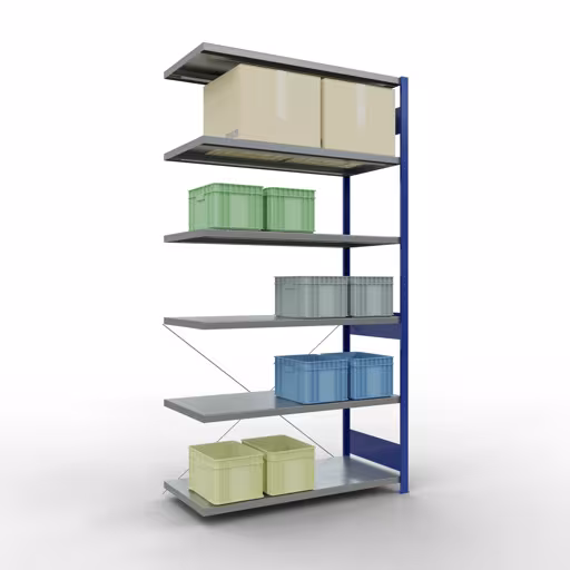 Productafbeelding nr. 12 van het artikel Aanbouwrekken, legbordstellingen, insteeksysteem MULTIplus250, 2500 x 1300 x 600 mm, 6 legborden, kruisschoor, RAL 5010 gentiaanblauw/verzinkt Afbeelding nr. 12 van het artikel aanbouwrekken, legbordstellingen, insteeksysteem MULTIplus250, 2500 x 1300 x 600 mm, 6 legborden, kruisschoor, RAL 5010 gentiaanblauw/verzinkt uit de productgroep insteeksysteem van Schulte Lagertechnik.