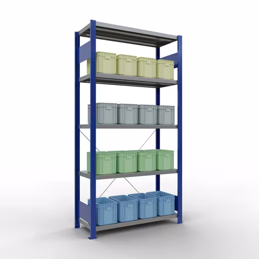Andere weergave van het artikel basisplank, legbord, insteeksysteem MULTIplus250, 2000 x 1000 x 400 mm, 5 legborden, kruisschoor, RAL 5010 gentiaanblauw/verzinkt uit de categorie insteeksysteem