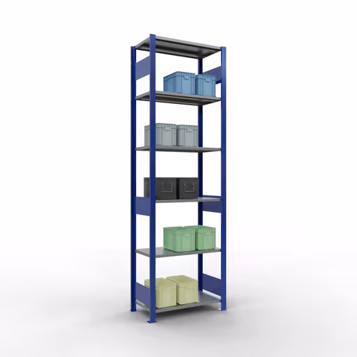 Basisplank, legplank, insteeksysteem MULTIplus150, 2500 x 750 x 400 mm, 6 legborden, lengtestangen, RAL 5010 gentiaanblauw/verzinkt/verzinkt uit de categorie basisplanken met de GTIN 4004514279996 Basisplank, legbord, insteeksysteem MULTIplus150, 2500 x 750 x 400 mm, 6 legborden, lengtestangen, RAL 5010 gentiaanblauw/verzinkt/verzinkt van het merk Schulte Lagertechnik uit het assortiment insteeksysteem