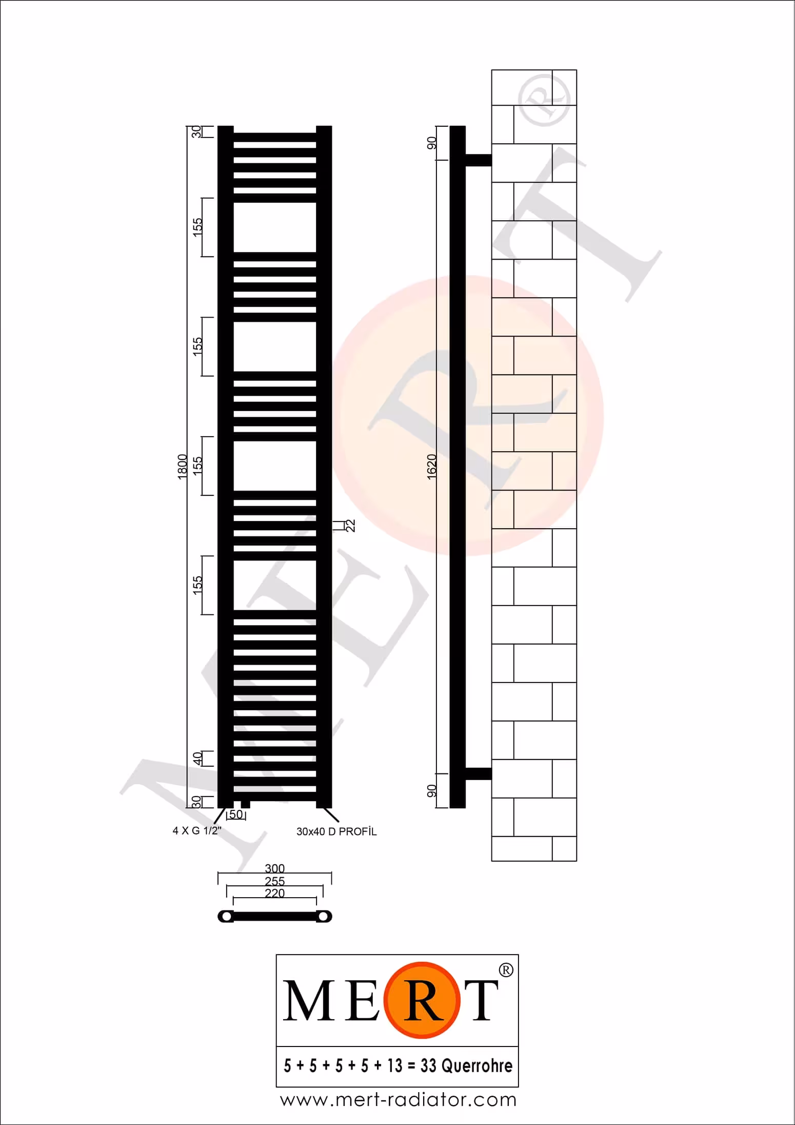 Productgroep MERT vervangende badkamerradiator wit recht, versprongen middenaansluiting links of rechts onder MERT vervangende badkamerradiator wit recht, 300*1800 mm, offset middenaansluiting links of rechtsonder van het merk MERT uit de categorie radiatoren